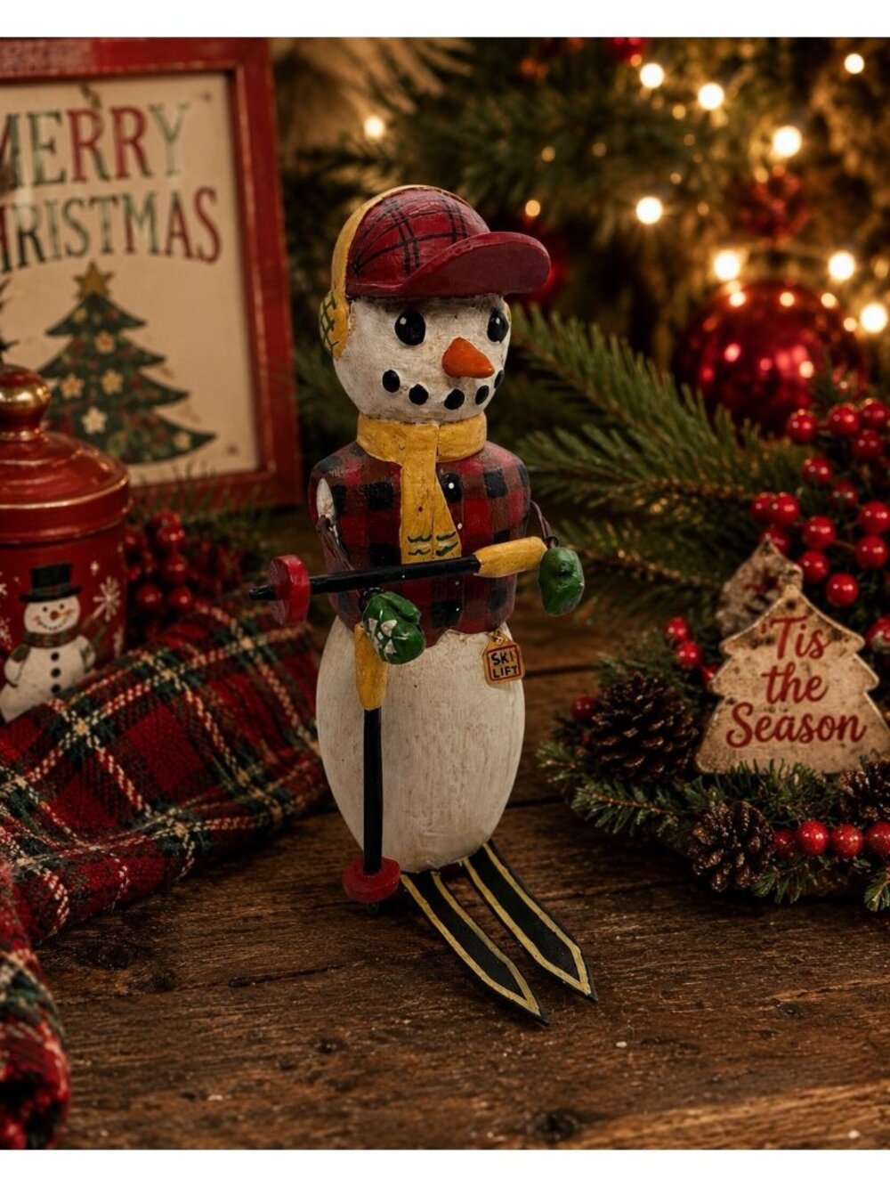 Handmade Wooden Snowman Skier Figurine Rustic Winter Christmas Decor Folk Art